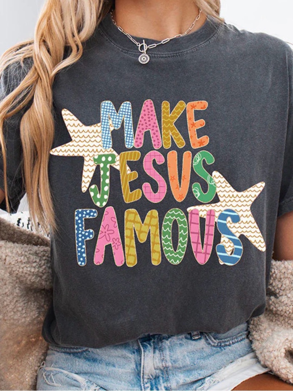 Make Jesus Famous Graphic Tee - Charcoal with Multicolor Letters